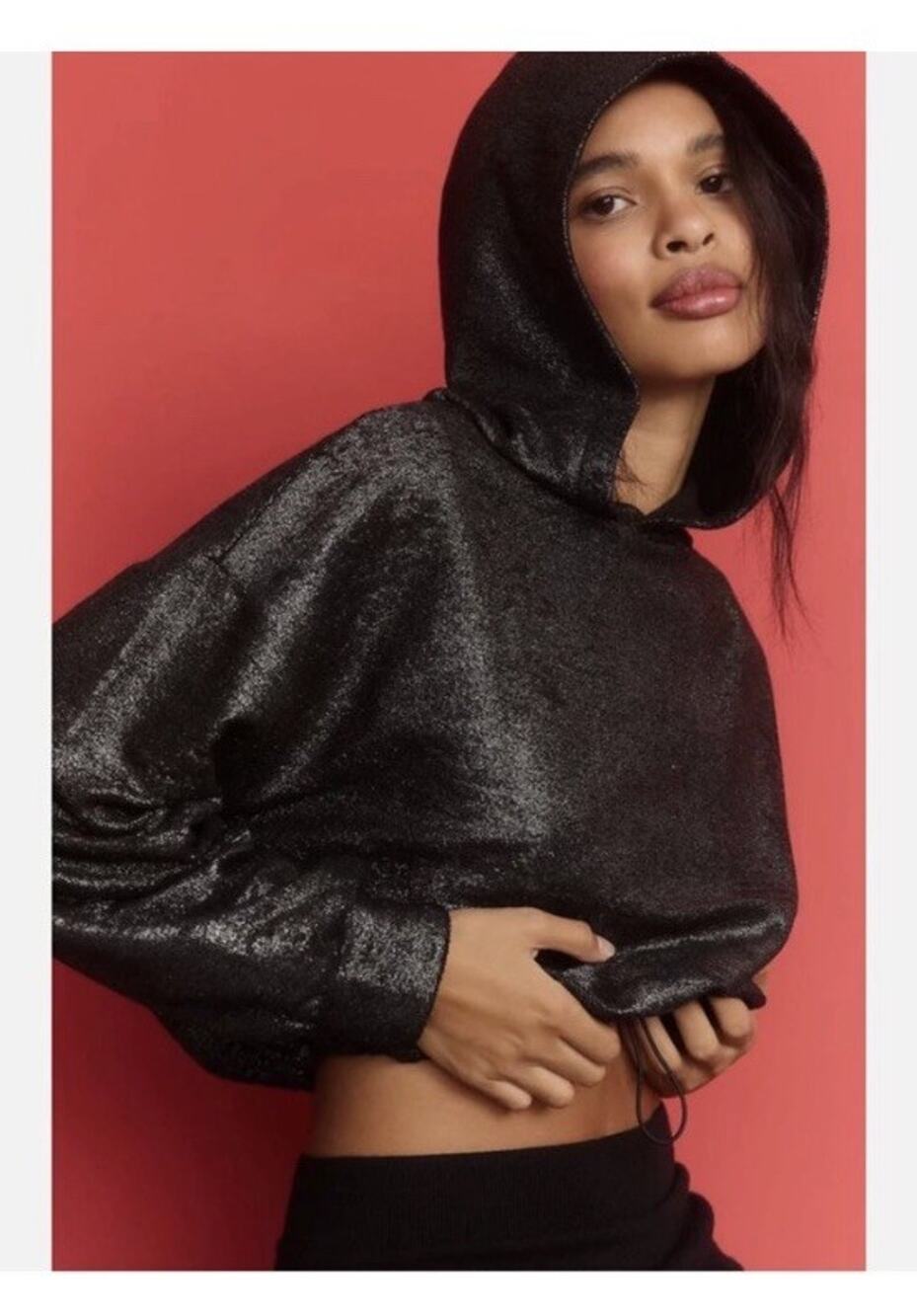 Anthropologie Pilcro Foil Hoodie Womens Small Black Metallic Oversized Cropped